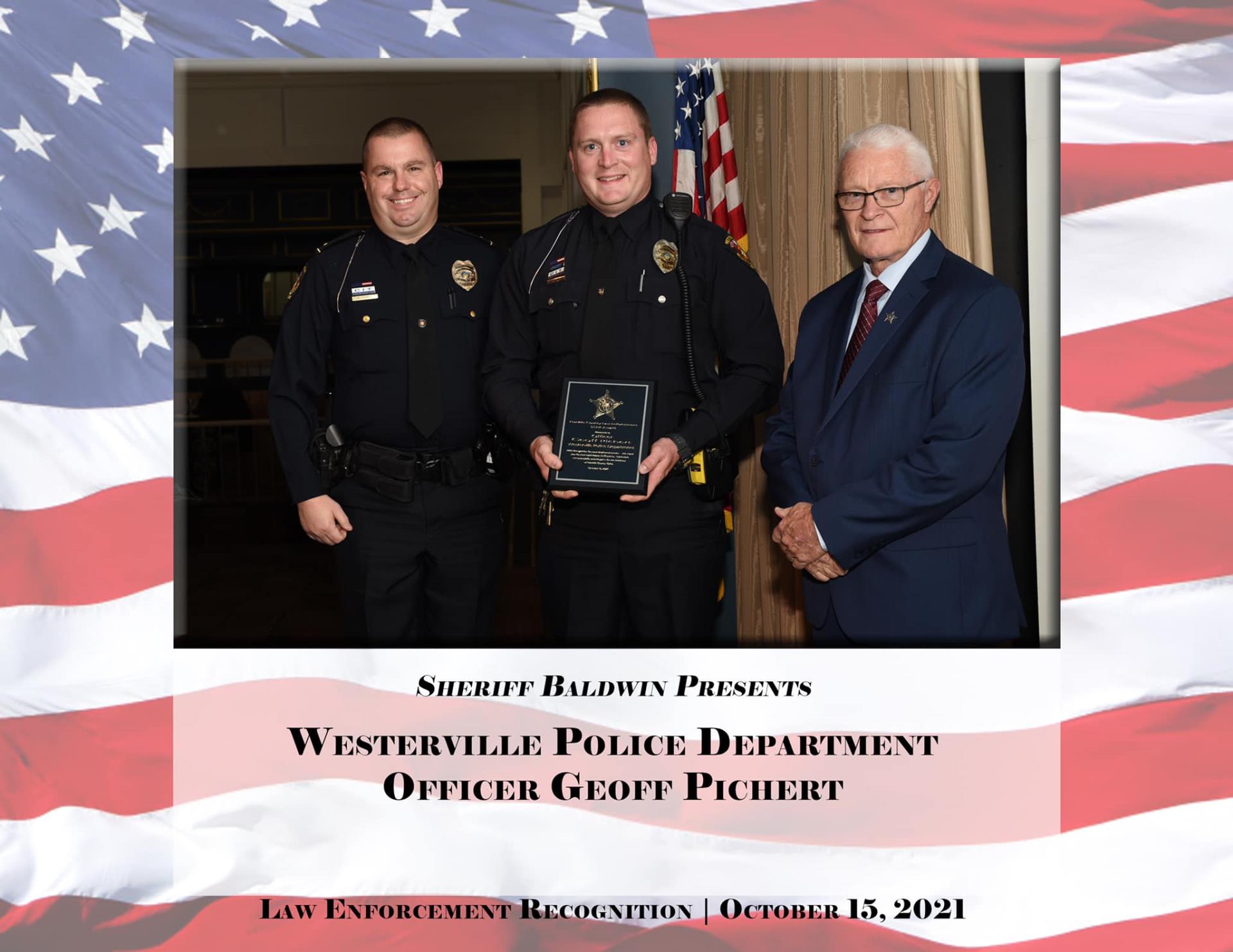 Westerville Police Ofc. Geoff Pichert accepts his 2021 STAR award